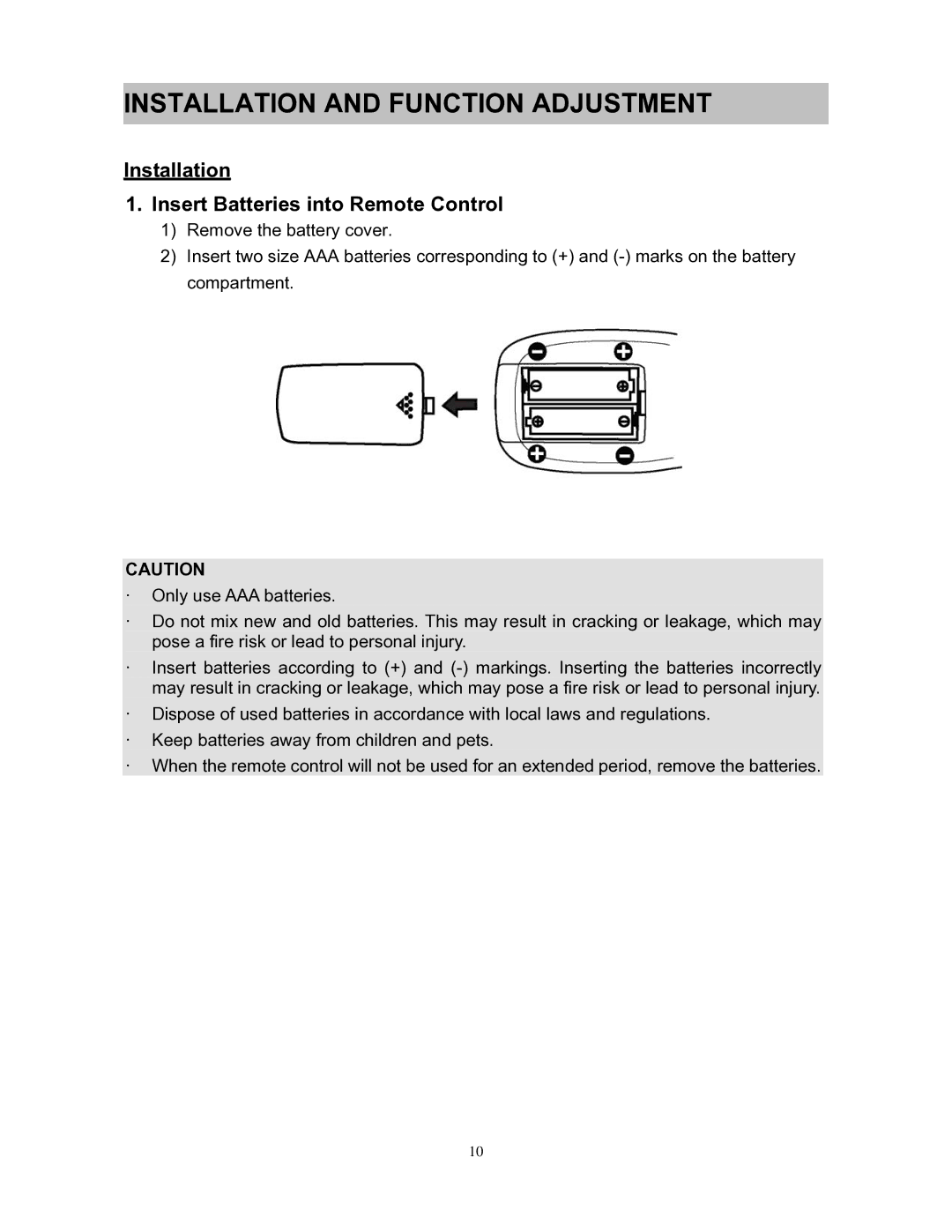 Westinghouse SK-26H240S user manual Installation and Function Adjustment, Installation Insert Batteries into Remote Control 