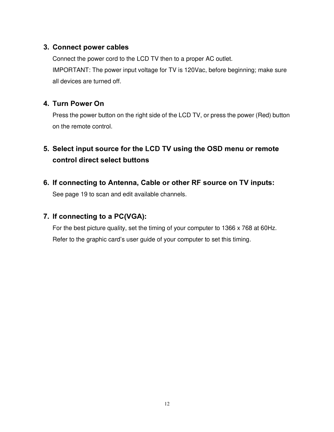 Westinghouse SK-26H240S user manual Connect power cables, Turn Power On, If connecting to a Pcvga 