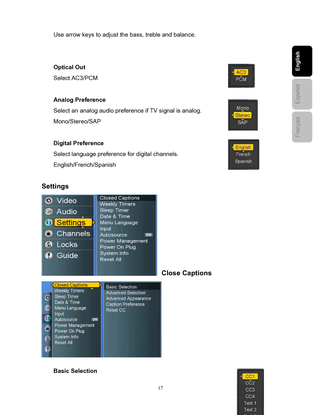 Westinghouse SK-26H240S Settings Close Captions, Optical Out, Analog Preference, Digital Preference, Basic Selection 