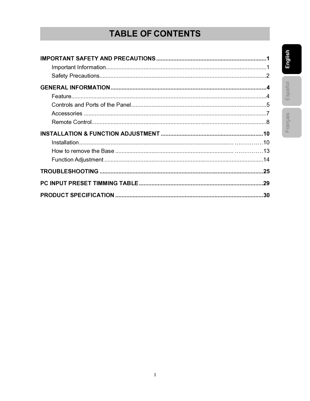 Westinghouse SK-26H240S user manual Table of Contents 