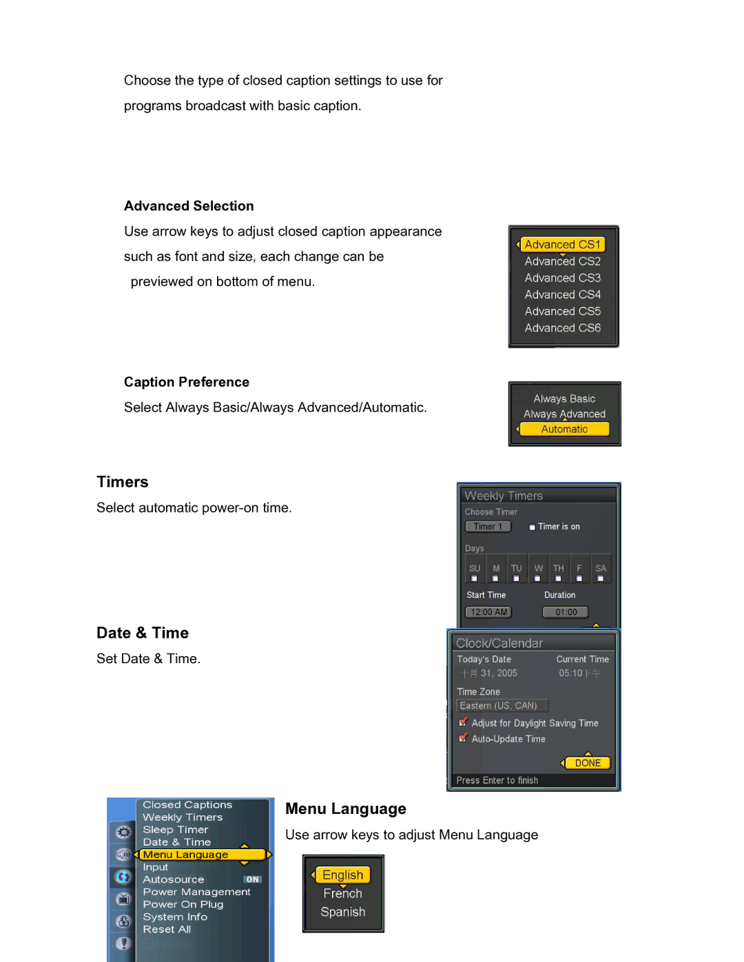 Westinghouse SK-26H240S user manual Timers, Date & Time, Menu Language, Advanced Selection, Caption Preference 