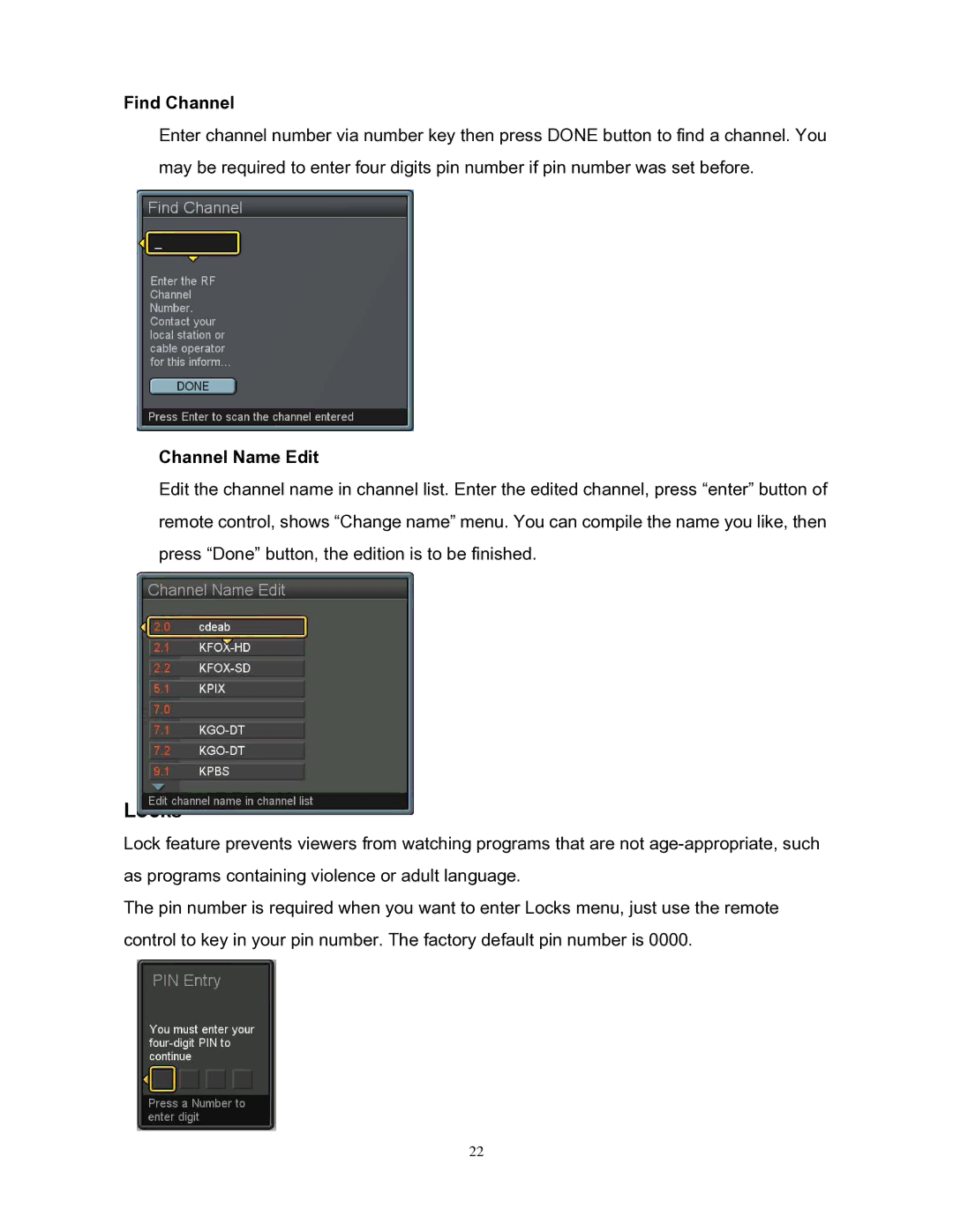 Westinghouse SK-26H240S user manual Locks, Find Channel, Channel Name Edit 