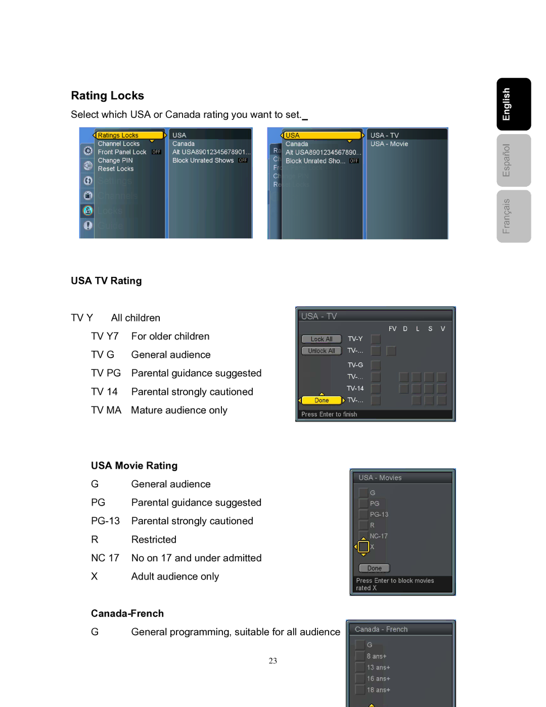 Westinghouse SK-26H240S user manual Rating Locks, USA TV Rating, USA Movie Rating, Canada-French 