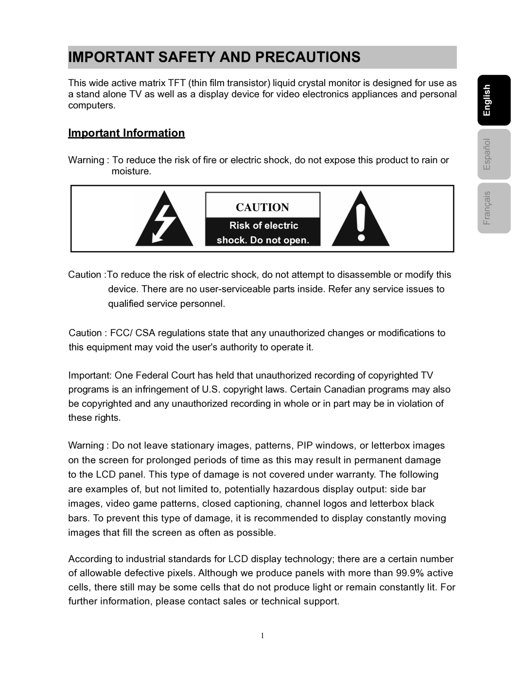 Westinghouse SK-26H240S user manual Important Safety and Precautions, Important Information 