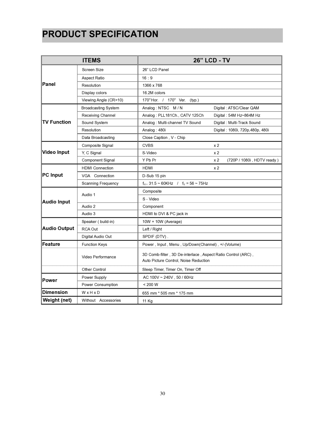 Westinghouse SK-26H240S user manual Product Specification, Lcd Tv 