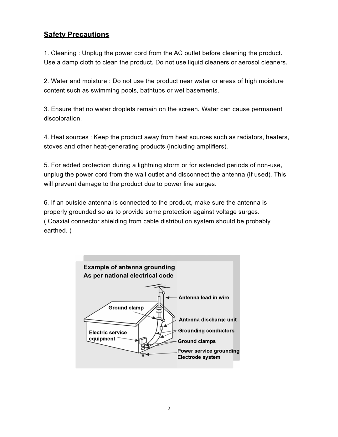 Westinghouse SK-26H240S user manual Safety Precautions, Example of antenna grounding As per national electrical code 