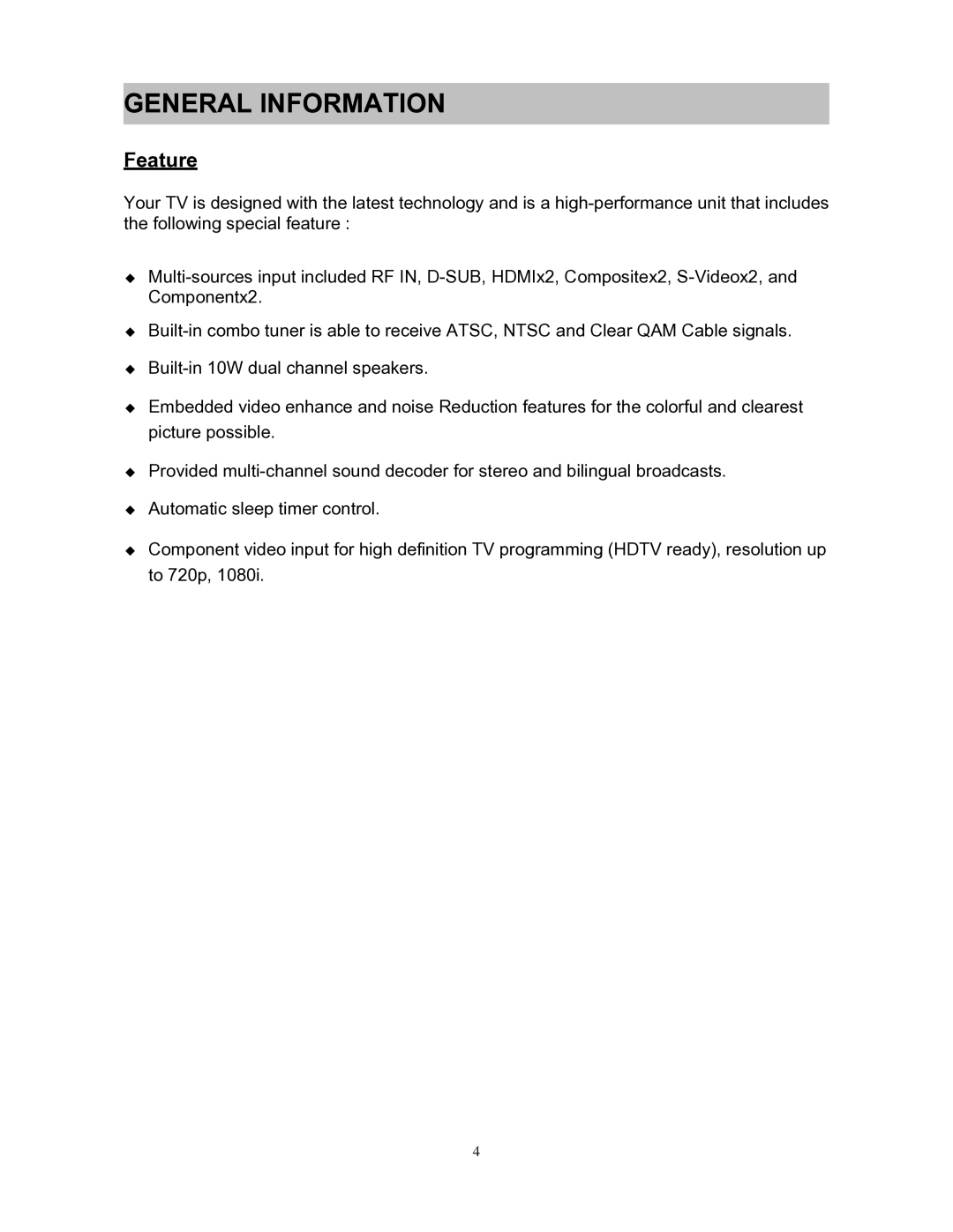 Westinghouse SK-26H240S user manual General Information, Feature 