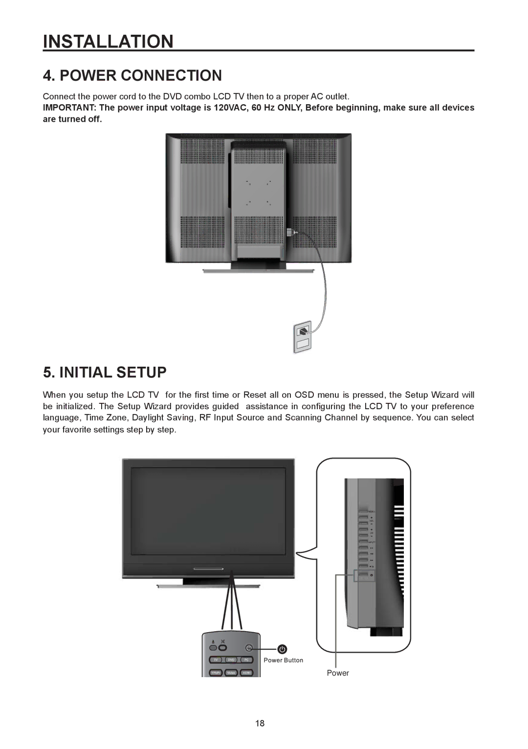 Westinghouse SK-32H590D, SK-26H590D user manual Power Connection, Initial Setup 