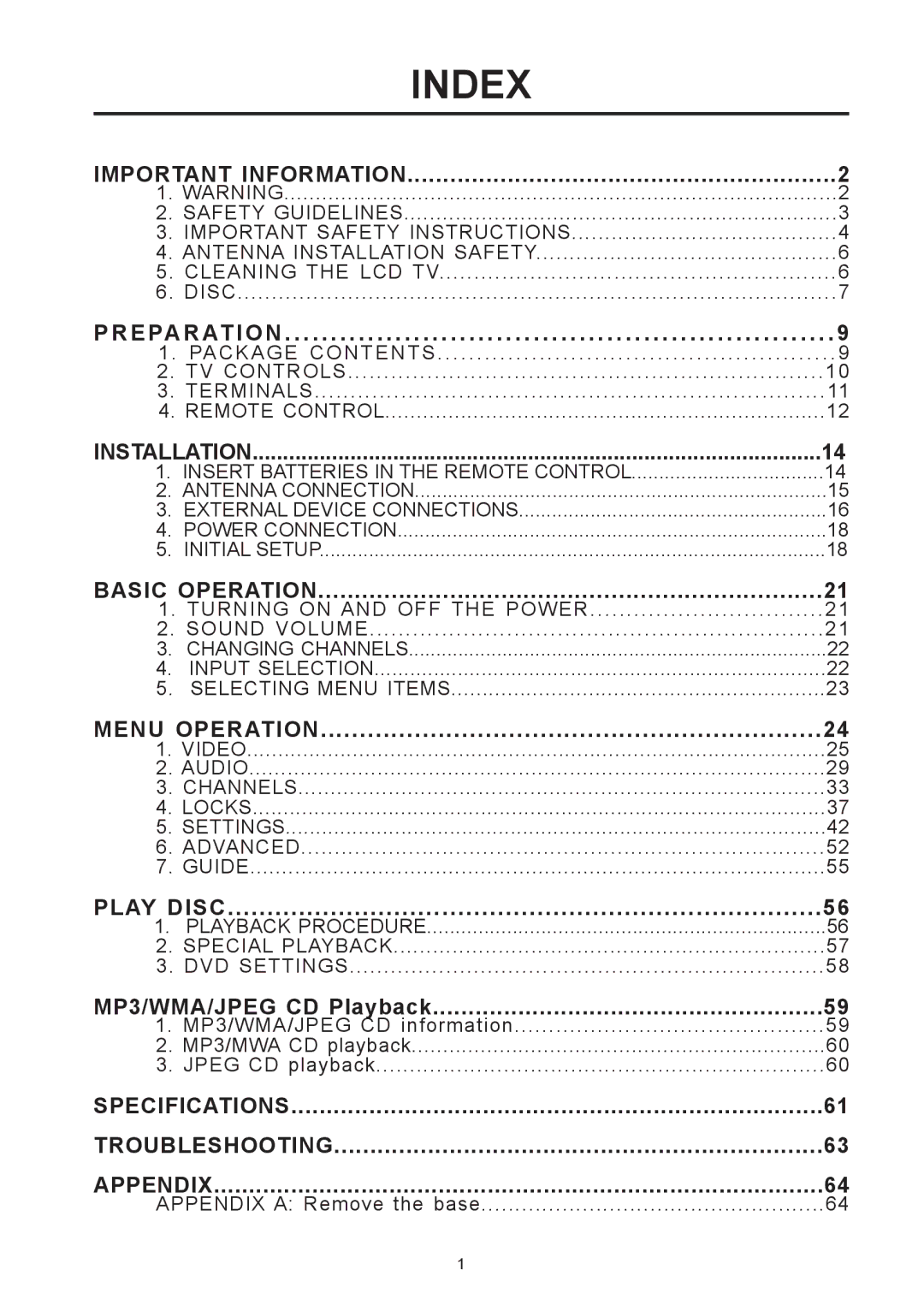 Westinghouse SK-26H590D, SK-32H590D user manual Index 