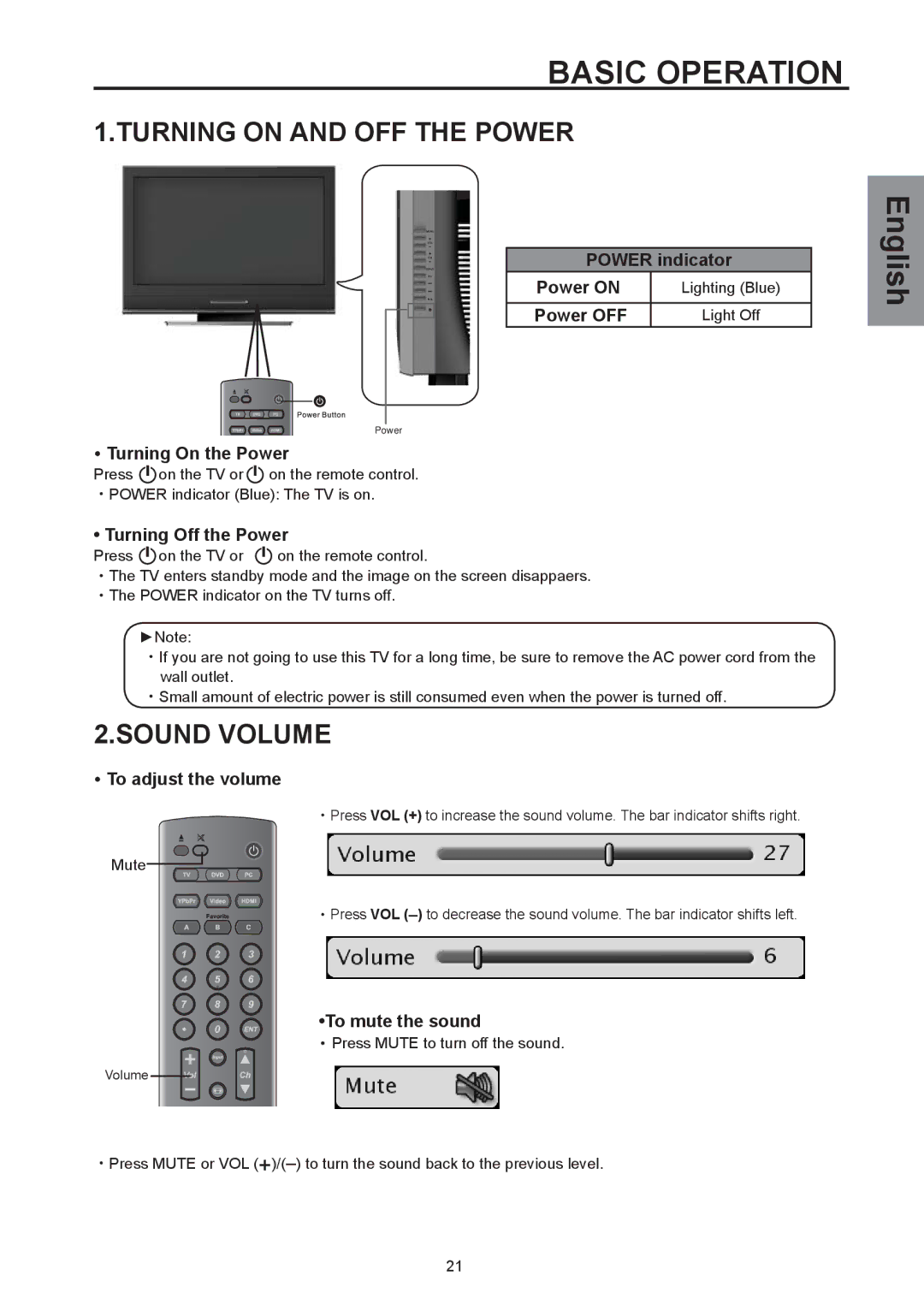 Westinghouse SK-26H590D, SK-32H590D user manual Basic Operation, Turning on and OFF the Power, Sound Volume 