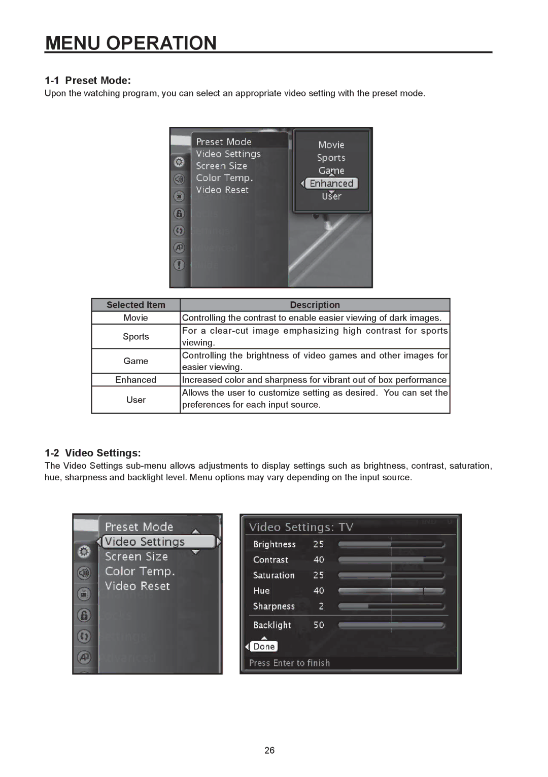 Westinghouse SK-32H590D, SK-26H590D user manual Preset Mode, Video Settings 