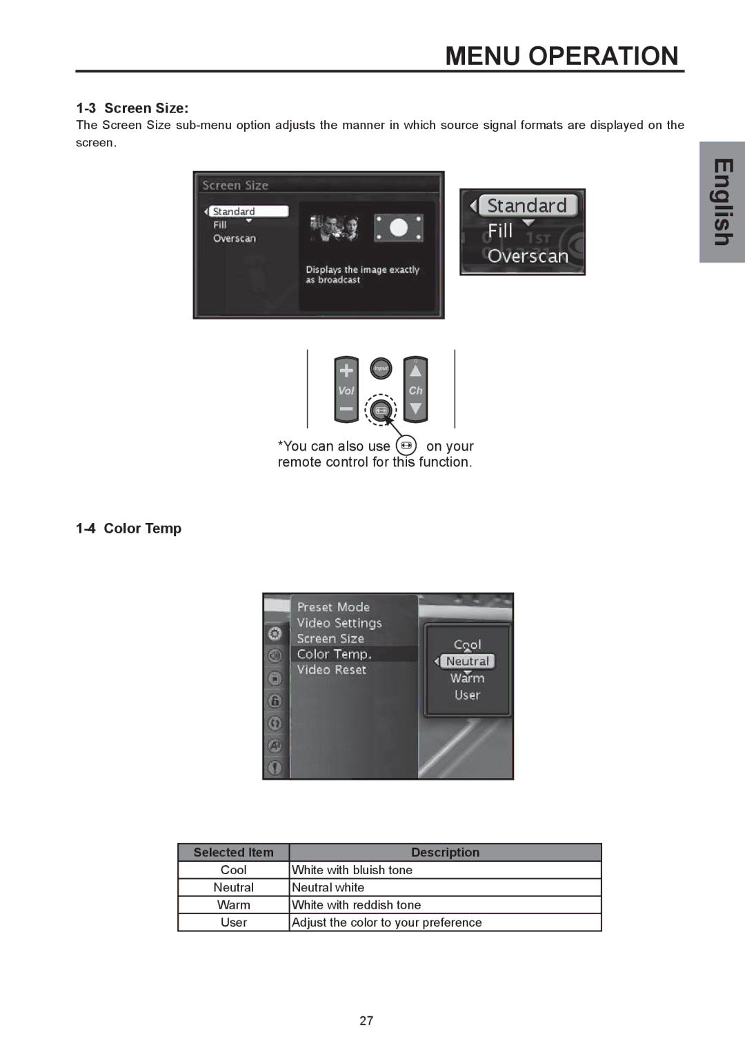 Westinghouse SK-26H590D, SK-32H590D user manual Screen Size, Color Temp 