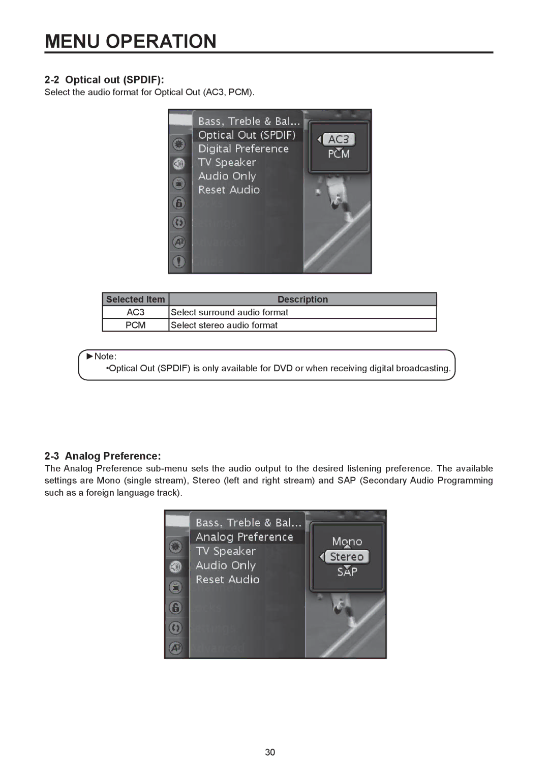 Westinghouse SK-32H590D, SK-26H590D user manual Optical out Spdif, Analog Preference 