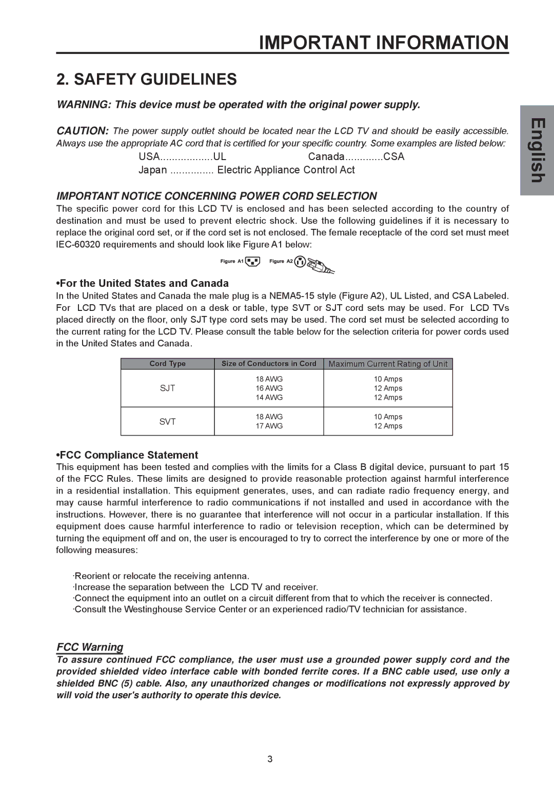 Westinghouse SK-26H590D, SK-32H590D Safety Guidelines, For the United States and Canada, FCC Compliance Statement 