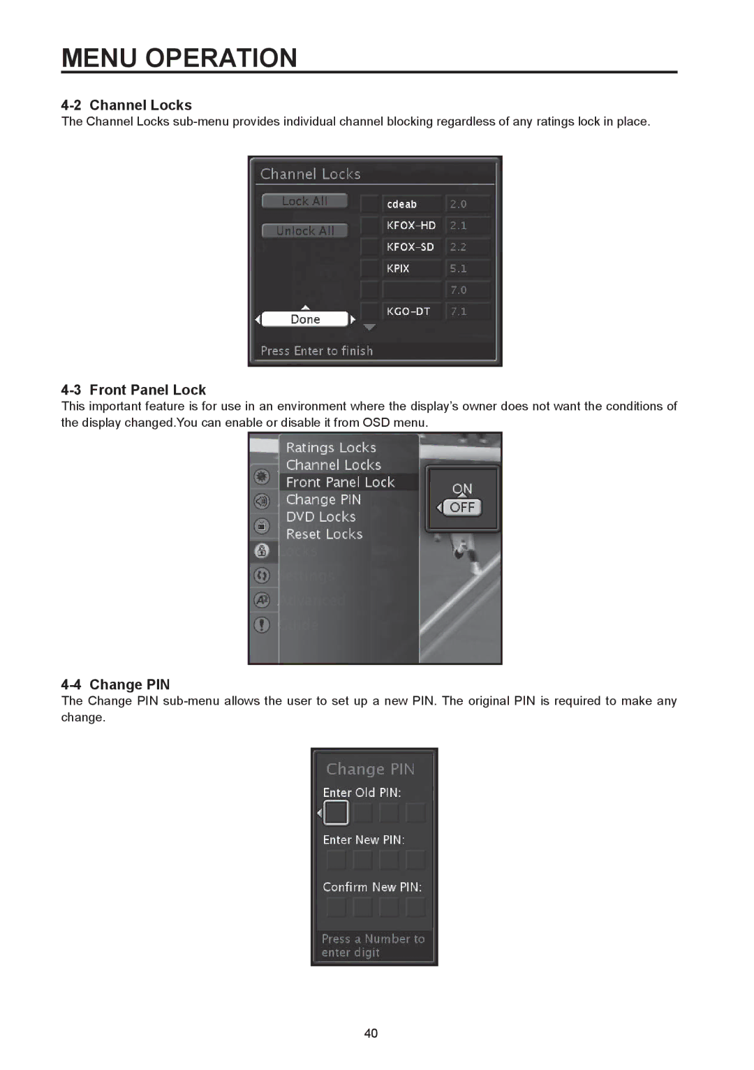 Westinghouse SK-32H590D, SK-26H590D user manual Channel Locks, Front Panel Lock, Change PIN 