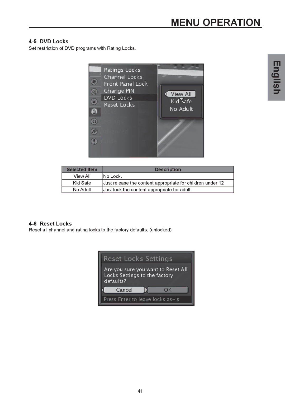 Westinghouse SK-26H590D, SK-32H590D user manual DVD Locks, Reset Locks 