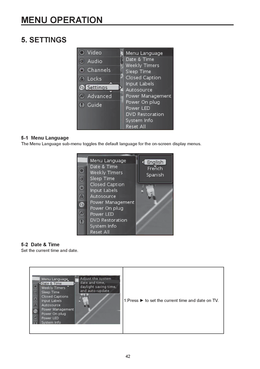 Westinghouse SK-32H590D, SK-26H590D user manual Settings, Menu Language, Date & Time 