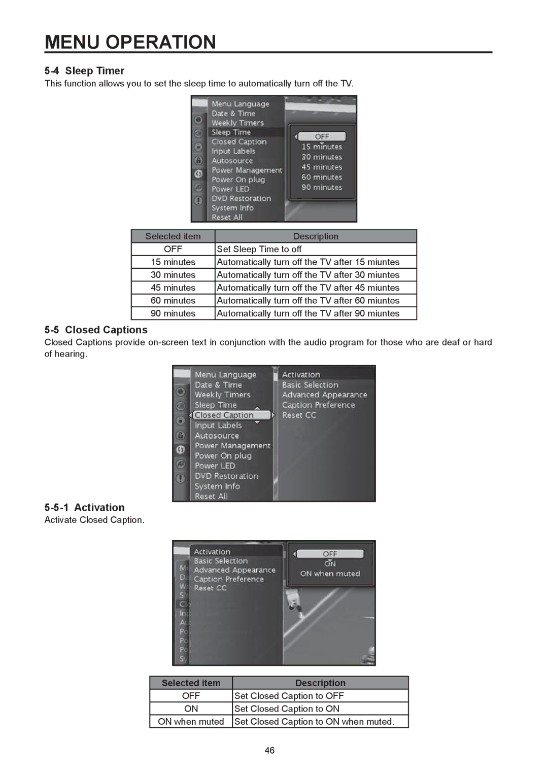 Westinghouse SK-32H590D, SK-26H590D user manual Sleep Timer, Closed Captions, Activation 