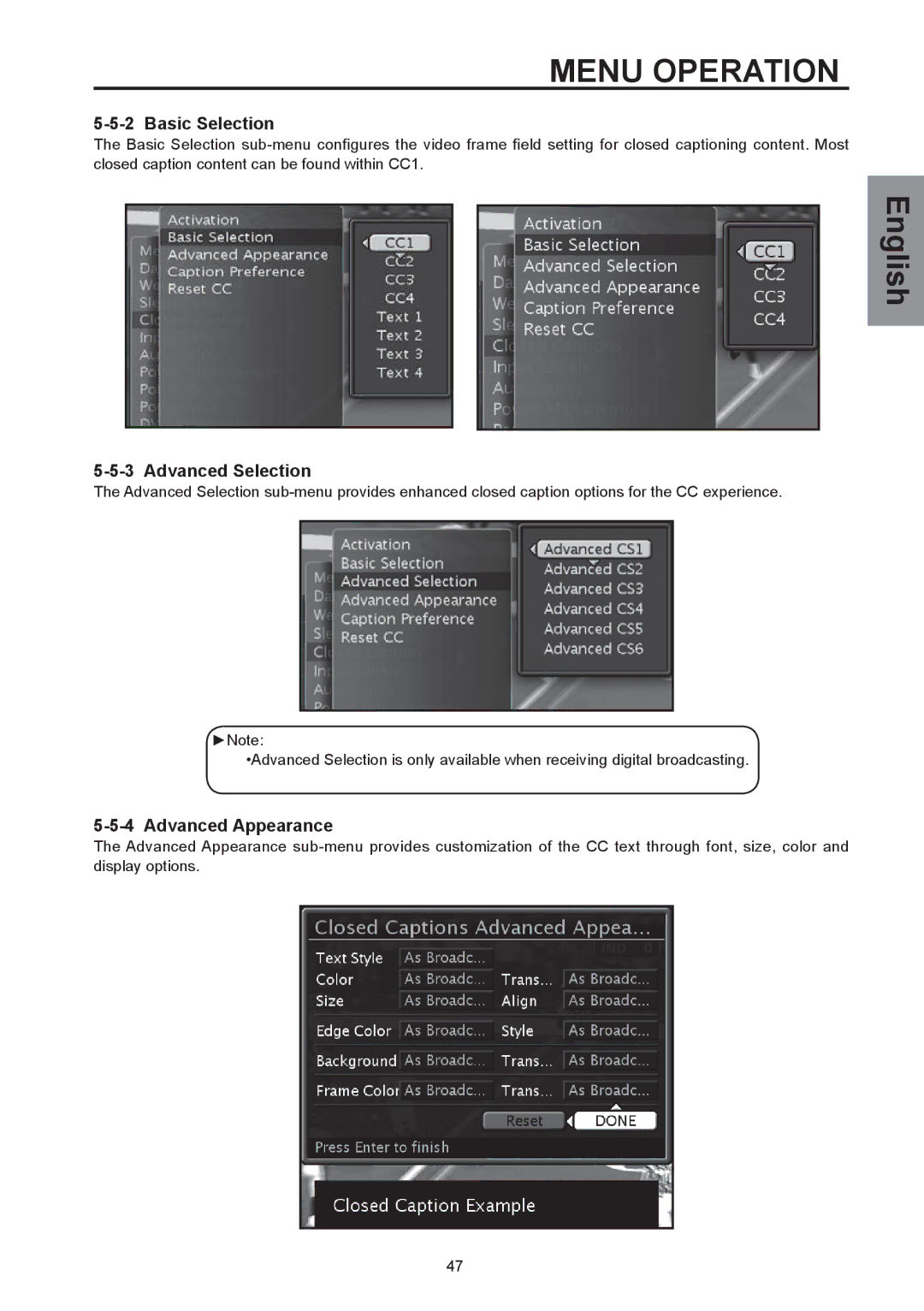 Westinghouse SK-26H590D, SK-32H590D user manual Basic Selection, Advanced Selection, Advanced Appearance 