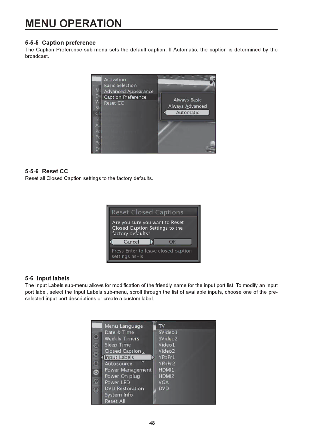 Westinghouse SK-32H590D, SK-26H590D user manual Caption preference, Reset CC, Input labels 