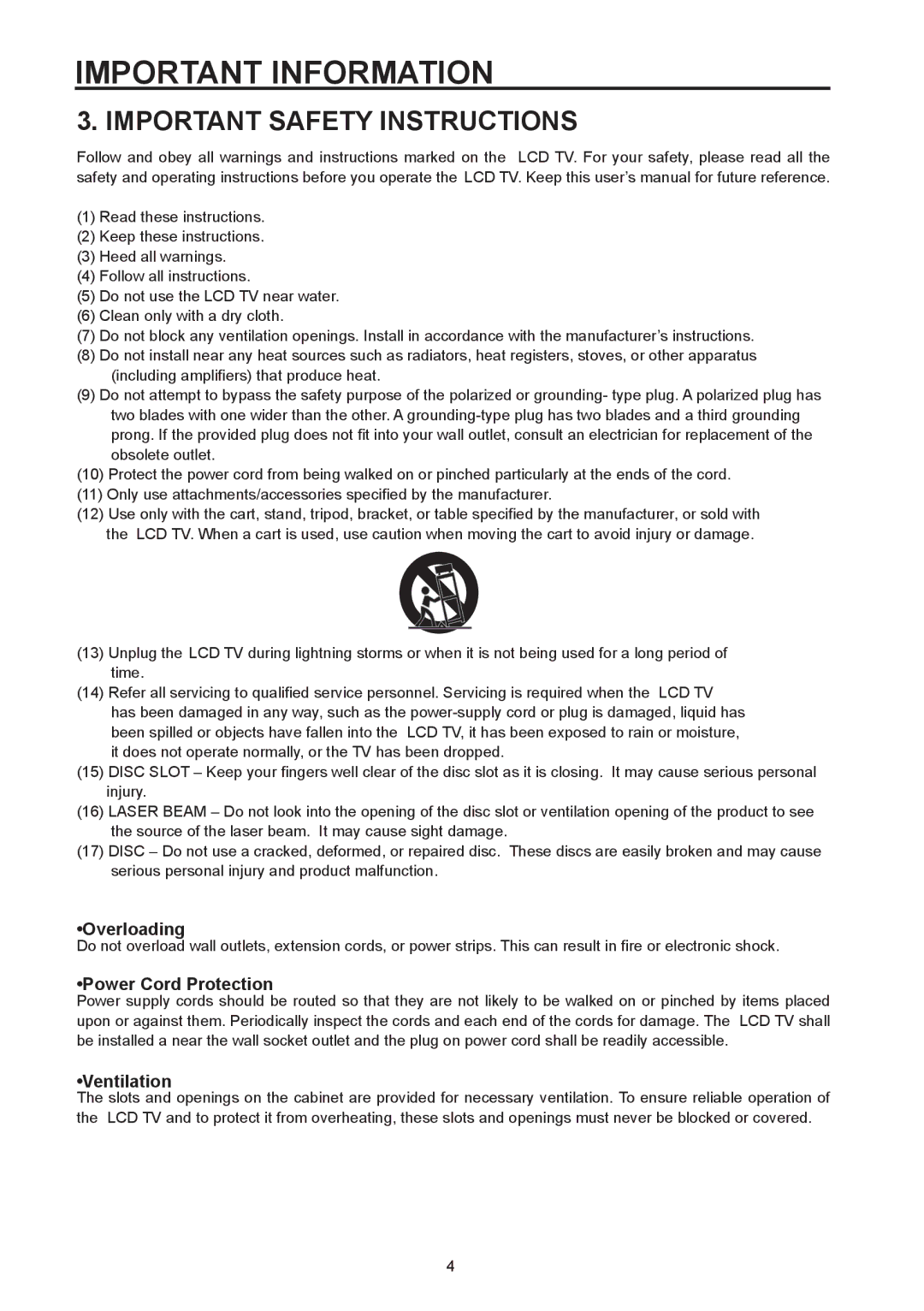 Westinghouse SK-32H590D, SK-26H590D Important Safety Instructions, Overloading, Power Cord Protection, Ventilation 