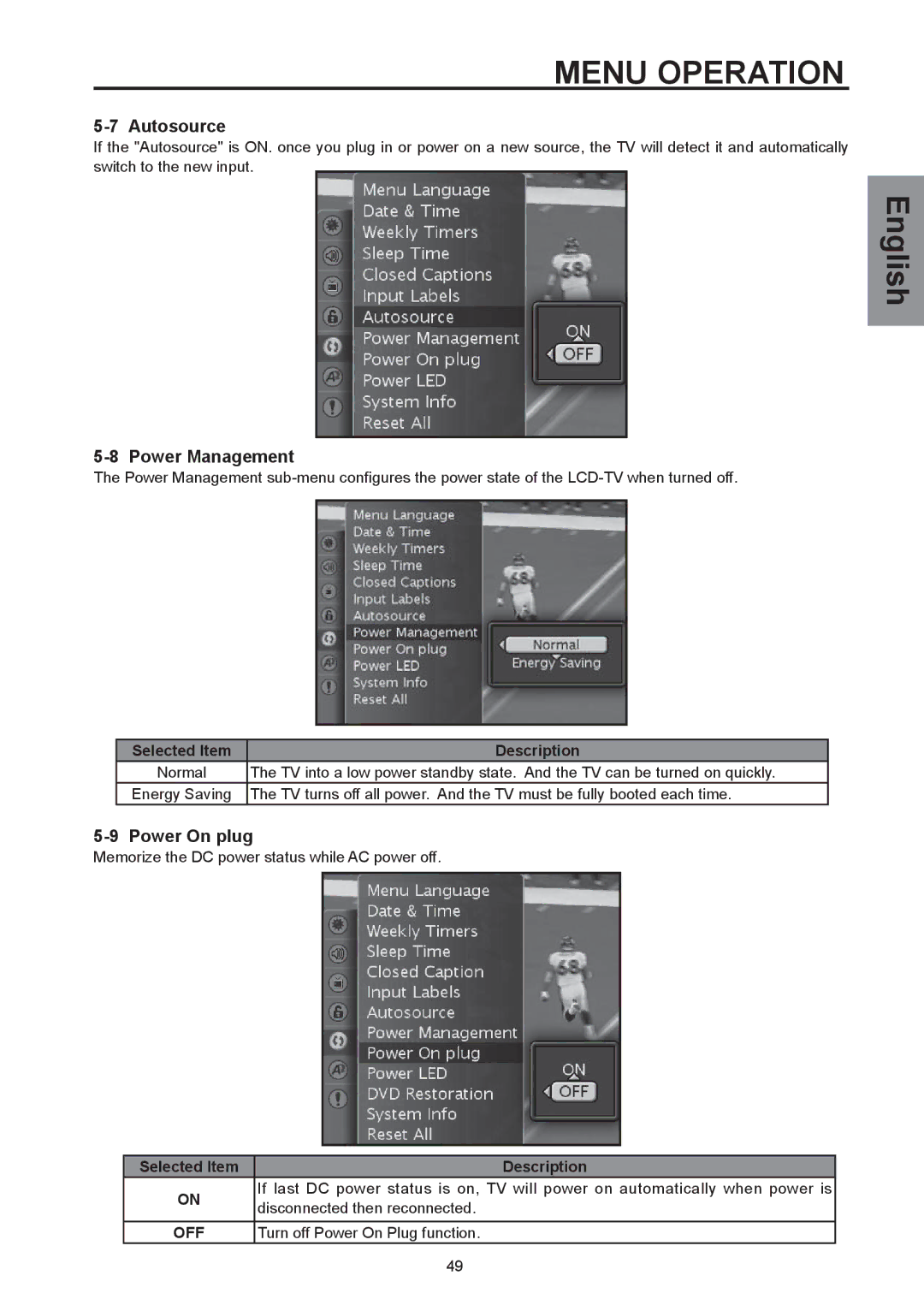 Westinghouse SK-26H590D, SK-32H590D user manual Autosource, Power Management, Power On plug 