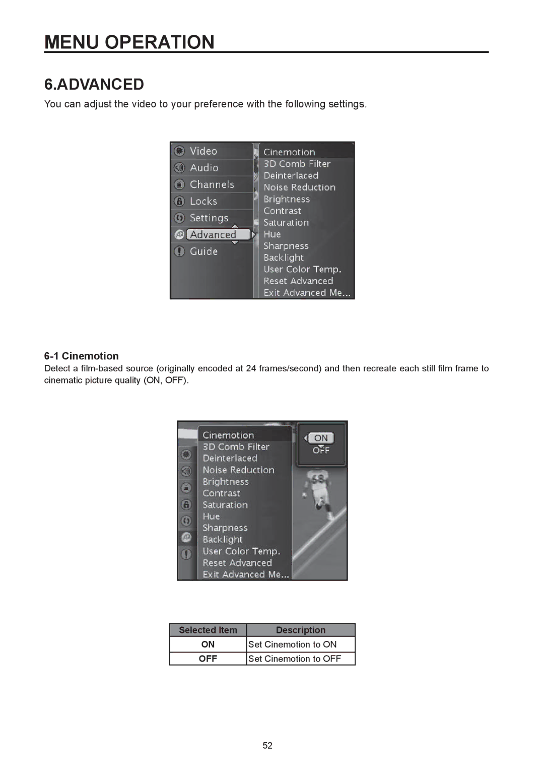 Westinghouse SK-32H590D, SK-26H590D user manual Advanced, Cinemotion 