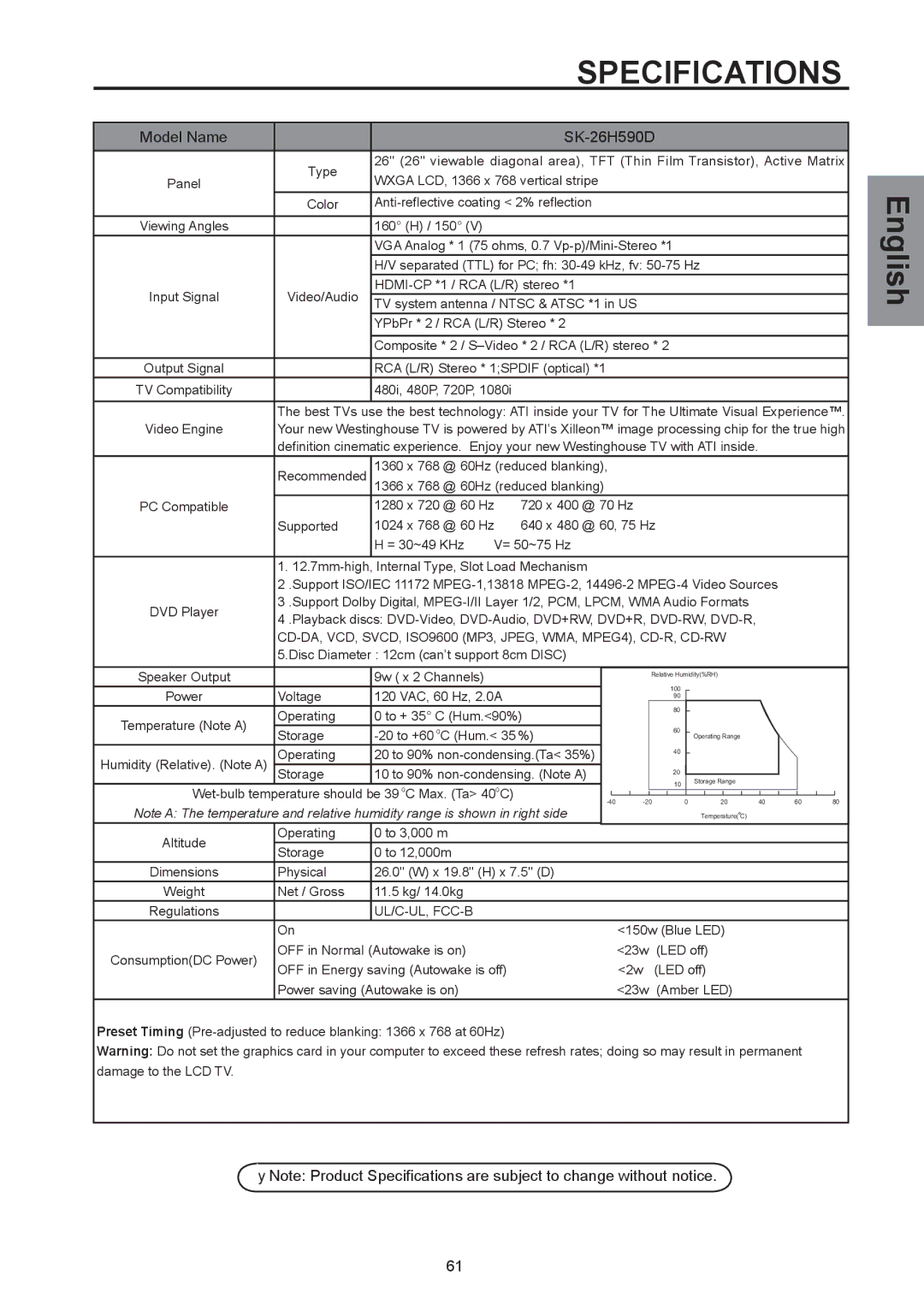 Westinghouse SK-32H590D user manual Specifications, Model Name SK-26H590D 