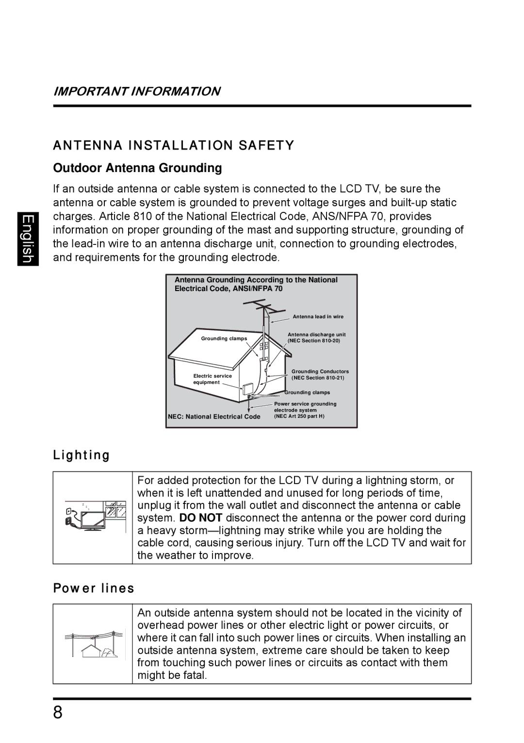 Westinghouse SK-26H640G manual Antenna Installation Safety, Outdoor Antenna Grounding 