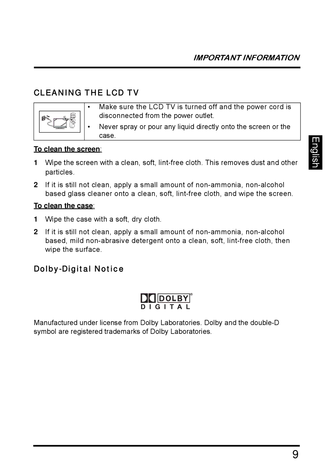 Westinghouse SK-26H640G manual Cleaning the LCD TV, To clean the screen, To clean the case 