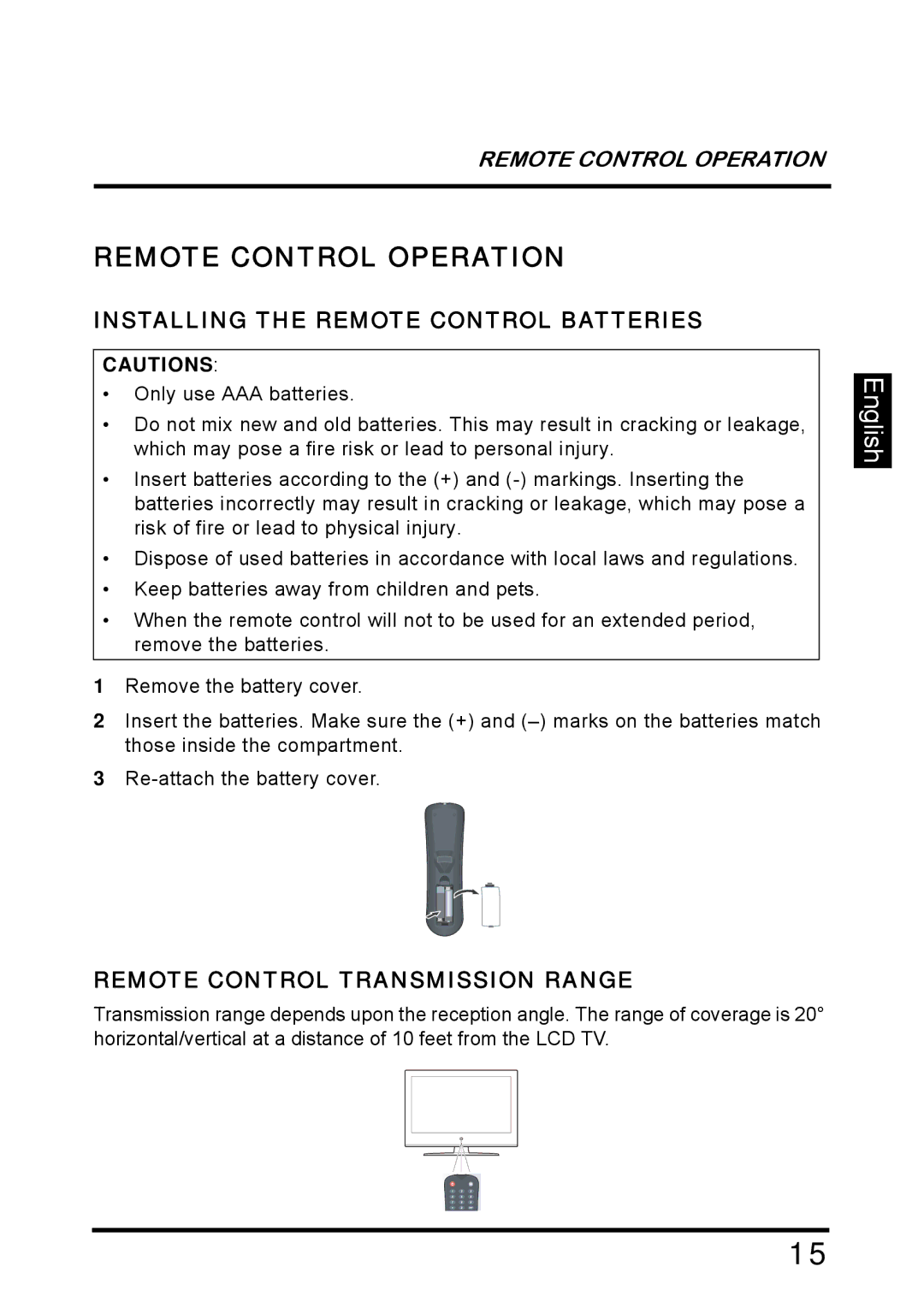 Westinghouse SK-26H640G manual Remote Control Operation, Installing the Remote Control Batteries 