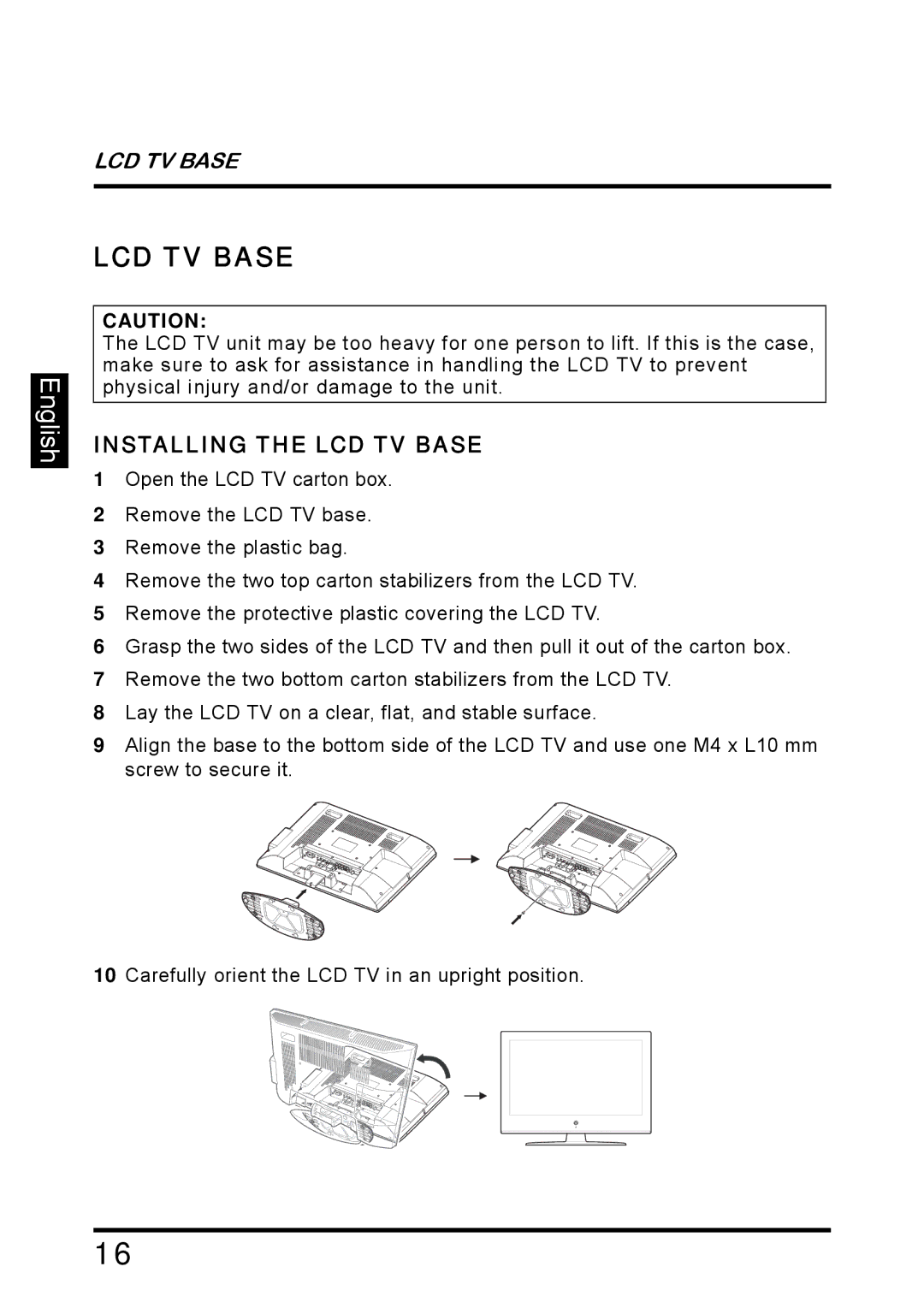 Westinghouse SK-26H640G manual Installing the LCD TV Base 