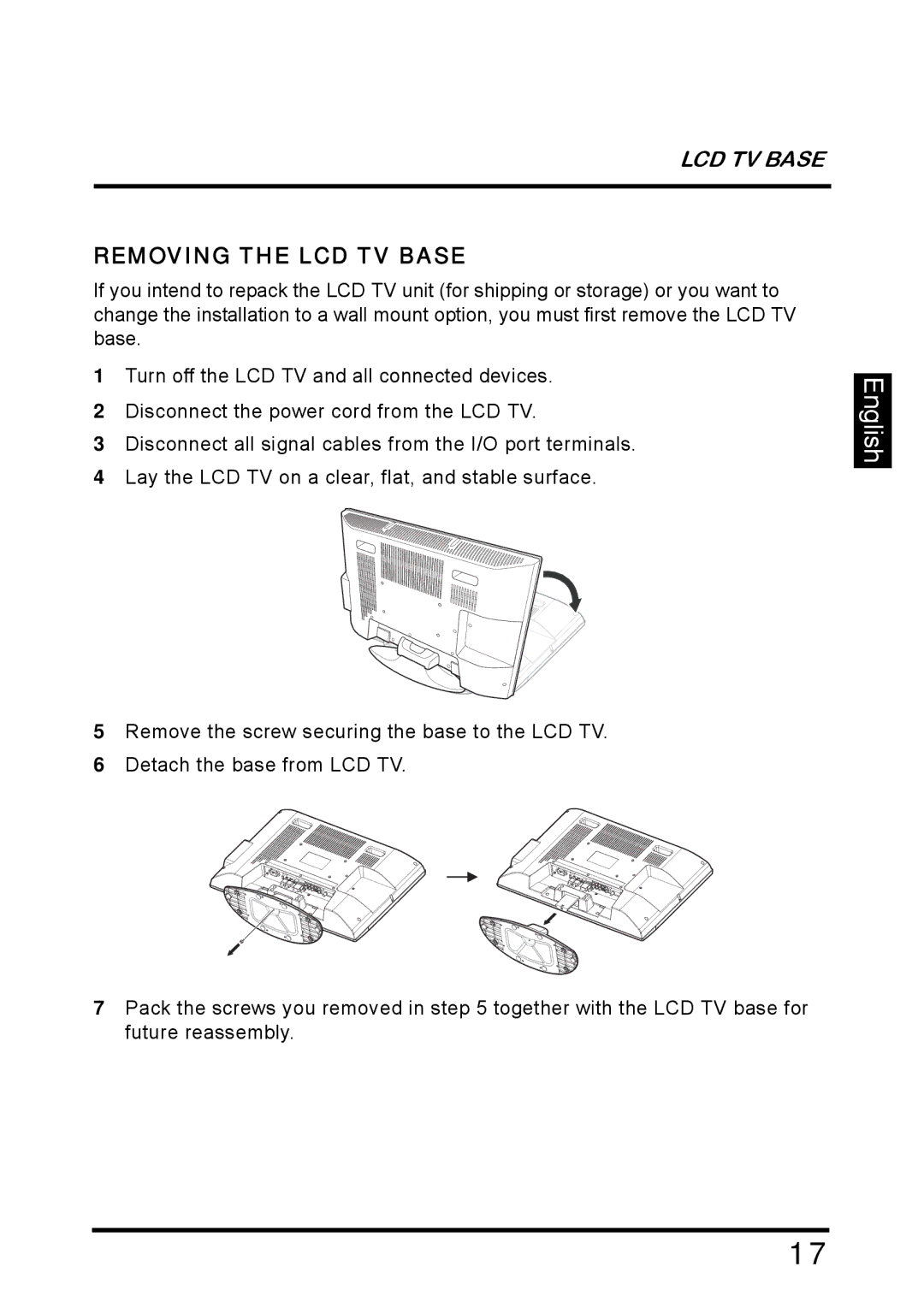 Westinghouse SK-26H640G manual Removing the LCD TV Base 