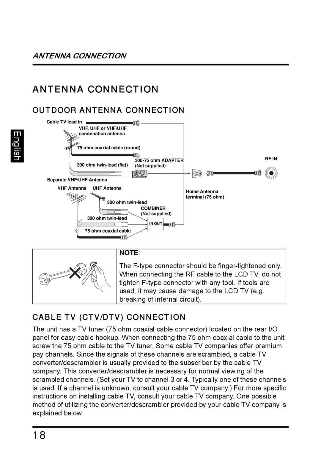 Westinghouse SK-26H640G manual Outdoor Antenna Connection, Cable TV CTV/DTV Connection 