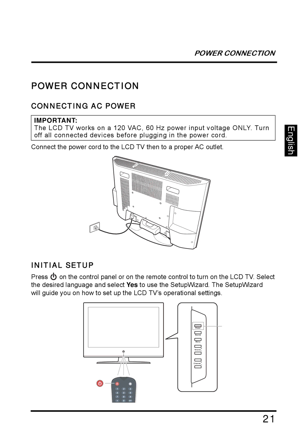 Westinghouse SK-26H640G manual Power Connection, Connecting AC Power, Initial Setup 