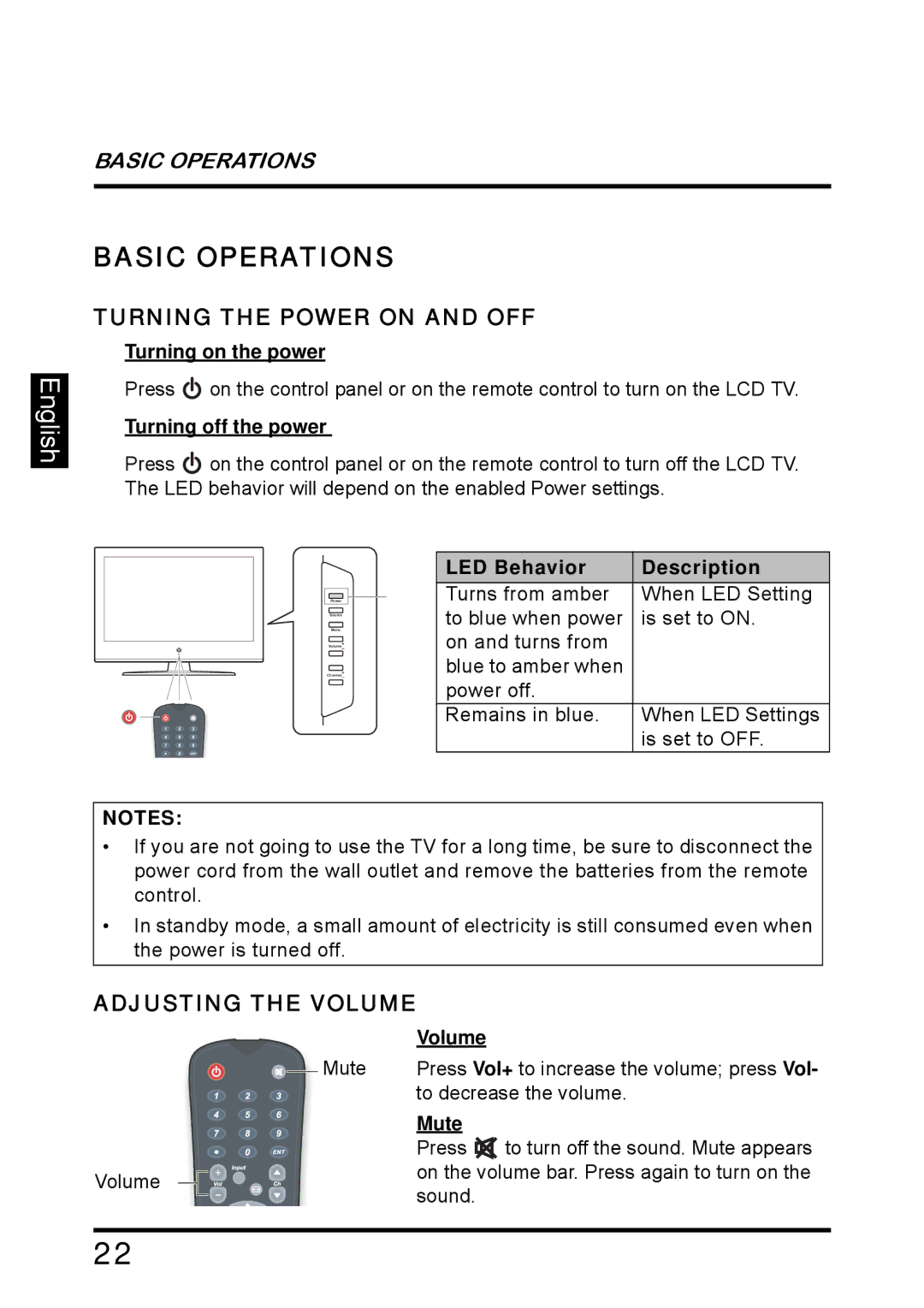 Westinghouse SK-26H640G manual Basic Operations, Turning the Power on and OFF, Adjusting the Volume 