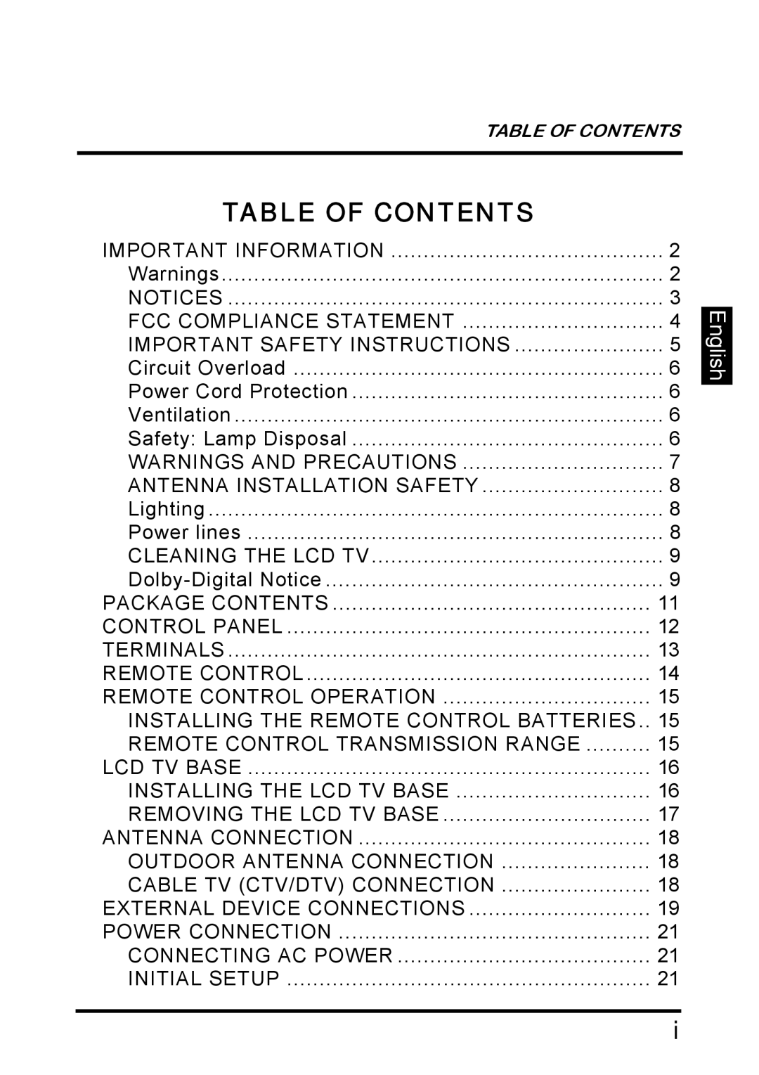 Westinghouse SK-26H640G manual Table of Contents 