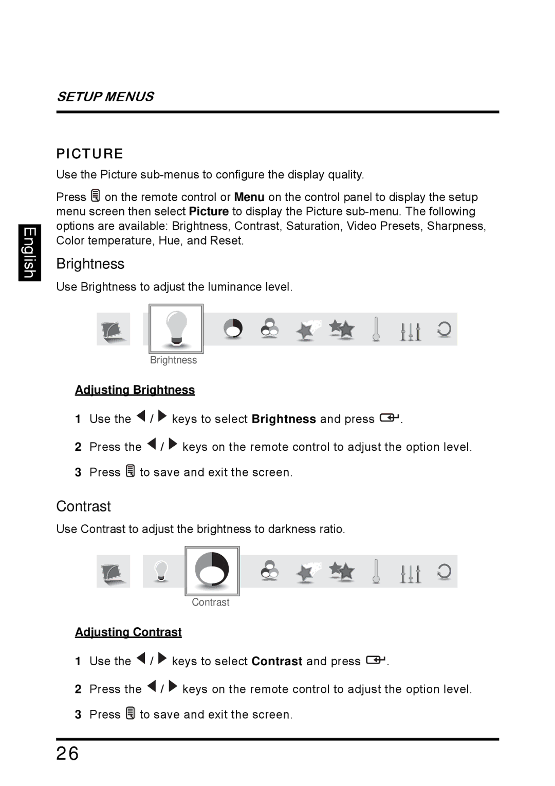 Westinghouse SK-26H640G manual Picture, Adjusting Brightness, Adjusting Contrast 