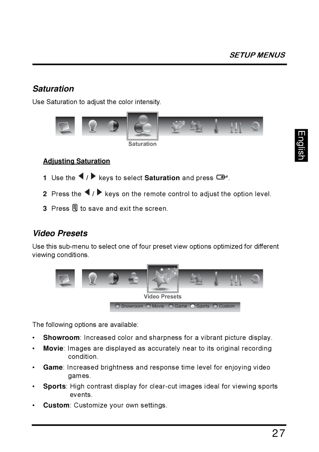 Westinghouse SK-26H640G manual Video Presets, Adjusting Saturation 