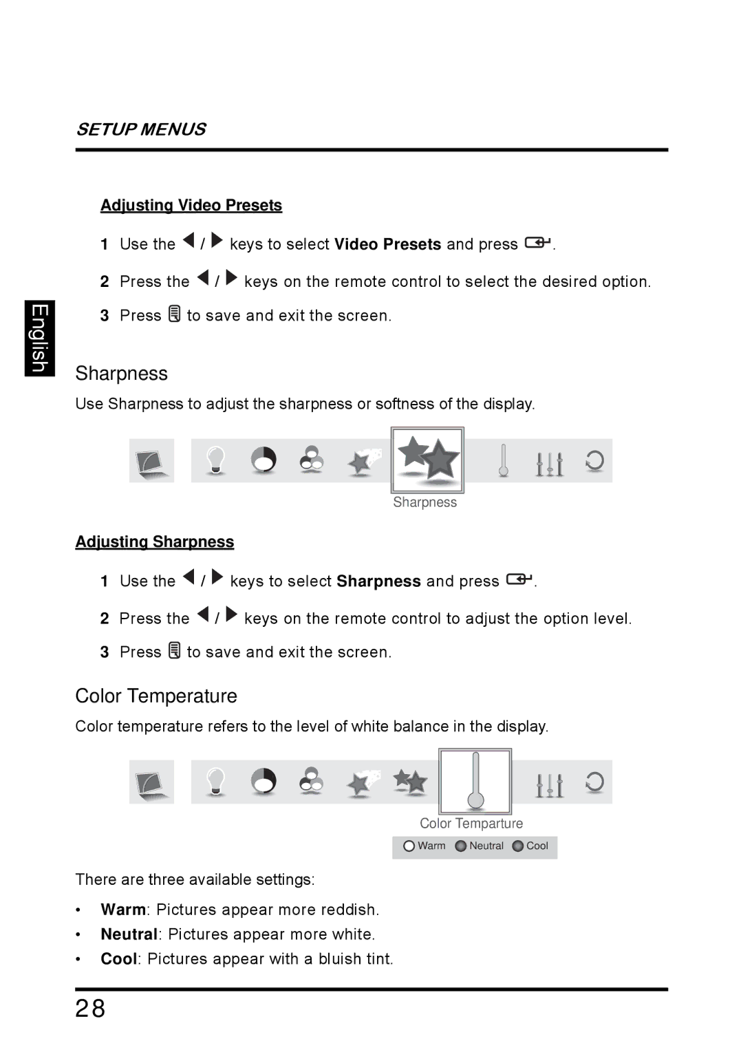 Westinghouse SK-26H640G manual Color Temperature, Adjusting Video Presets, Adjusting Sharpness 