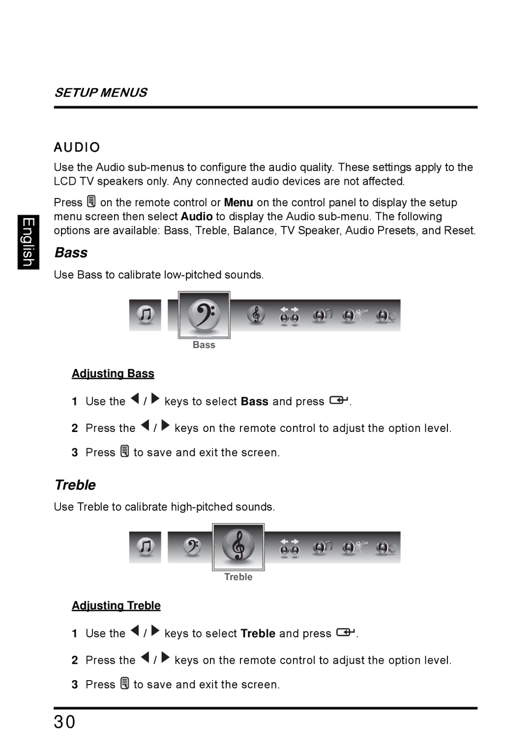 Westinghouse SK-26H640G manual Audio, Adjusting Bass, Adjusting Treble 