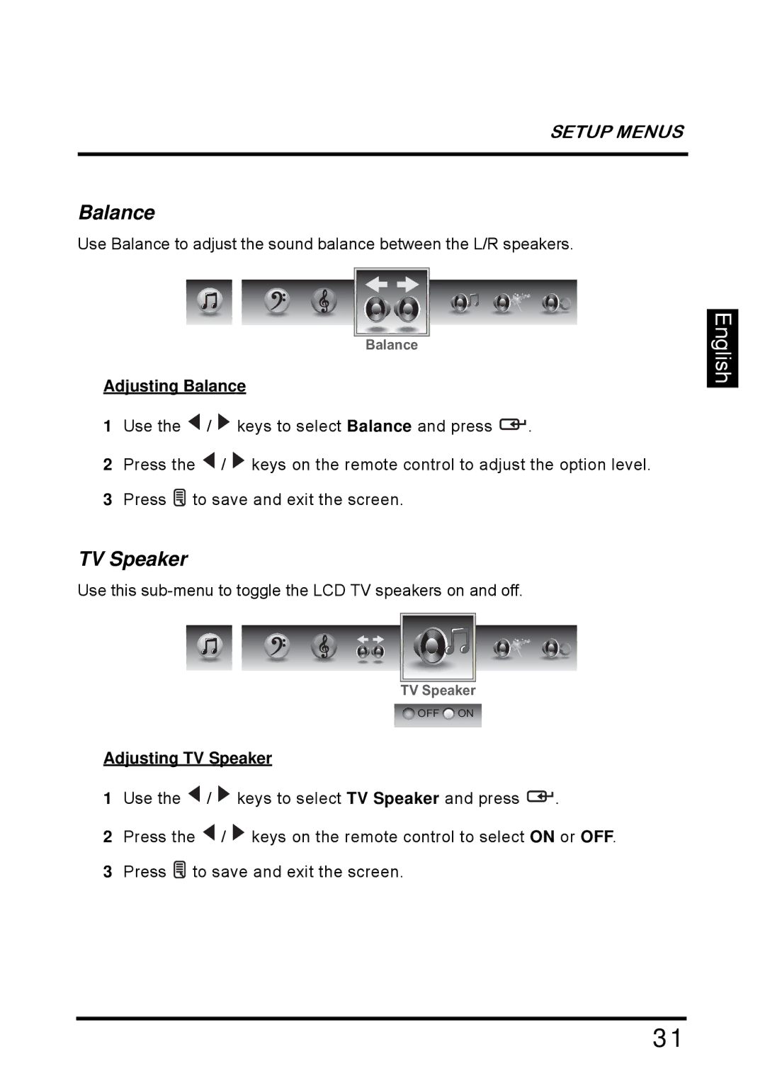 Westinghouse SK-26H640G manual Adjusting Balance, Adjusting TV Speaker 