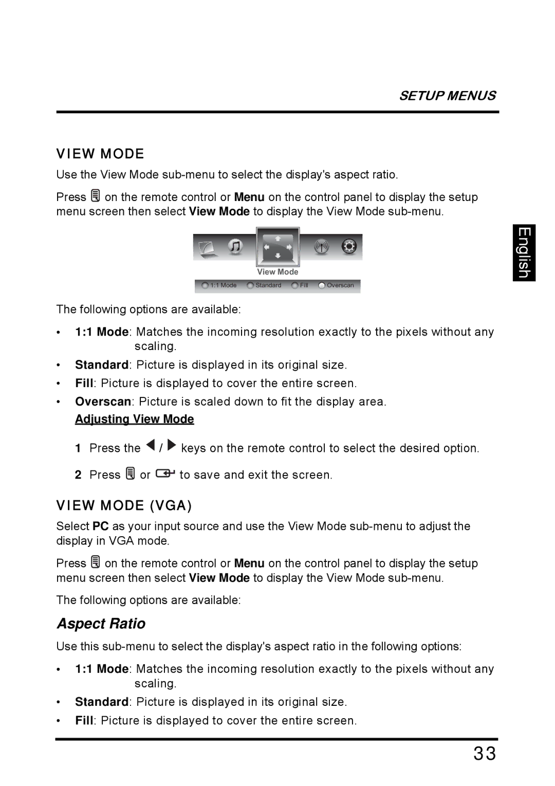 Westinghouse SK-26H640G manual Aspect Ratio, View Mode VGA, Adjusting View Mode 