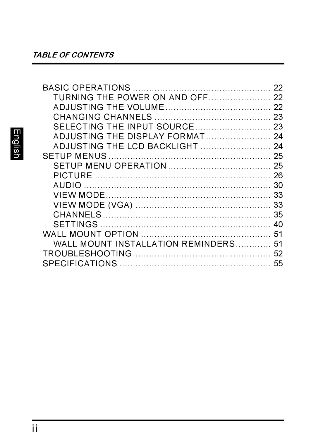 Westinghouse SK-26H640G manual Table of Contents 