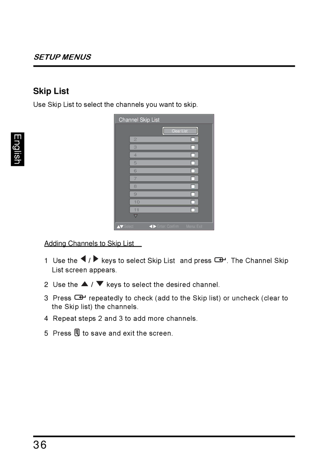 Westinghouse SK-26H640G manual Adding Channels to Skip List 