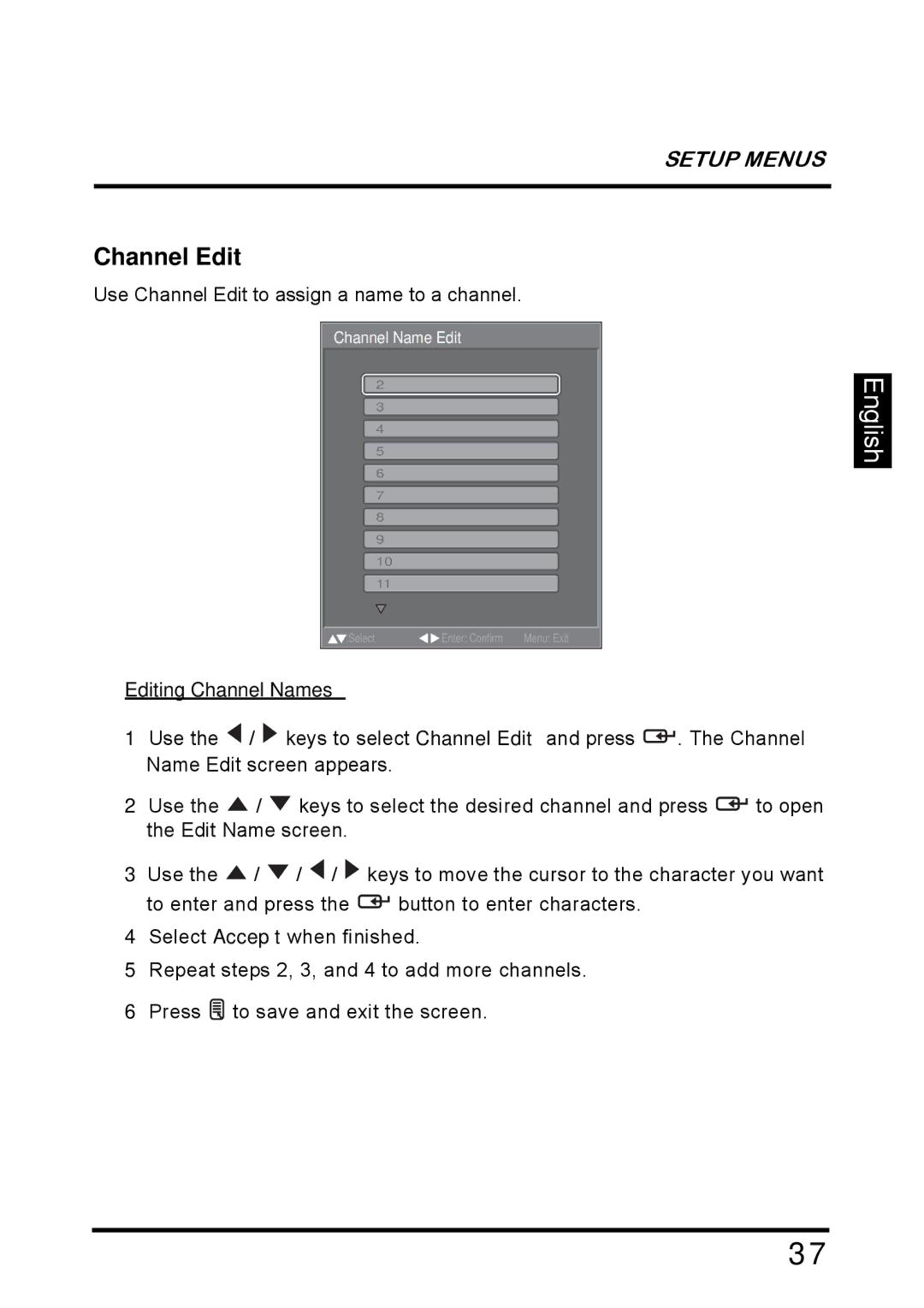 Westinghouse SK-26H640G manual Channel Edit, Editing Channel Names 