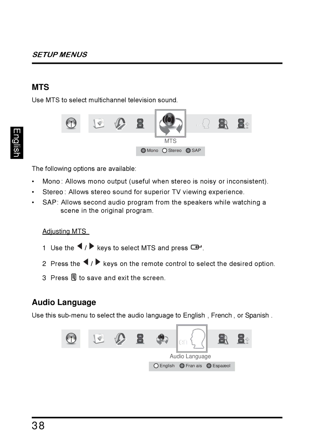 Westinghouse SK-26H640G manual Audio Language, Adjusting MTS 