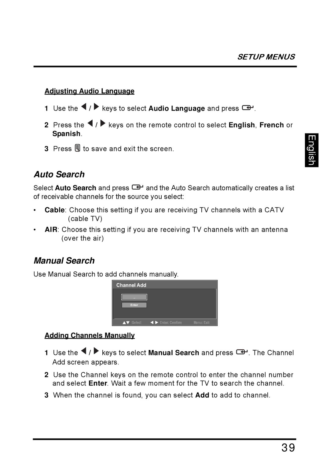 Westinghouse SK-26H640G manual Auto Search, Manual Search, Adjusting Audio Language, Adding Channels Manually 