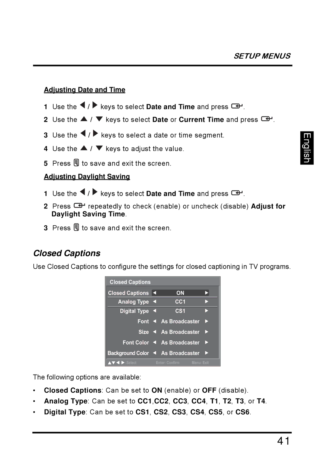 Westinghouse SK-26H640G manual Closed Captions, Adjusting Date and Time, Adjusting Daylight Saving 