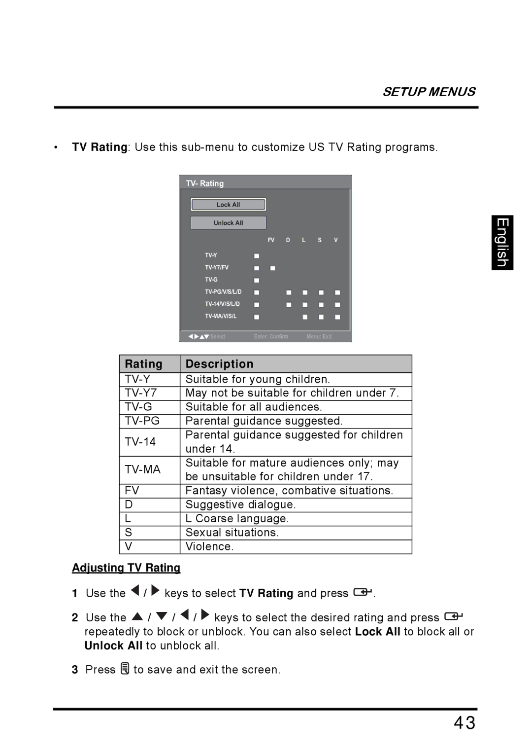 Westinghouse SK-26H640G manual Rating Description, Adjusting TV Rating 